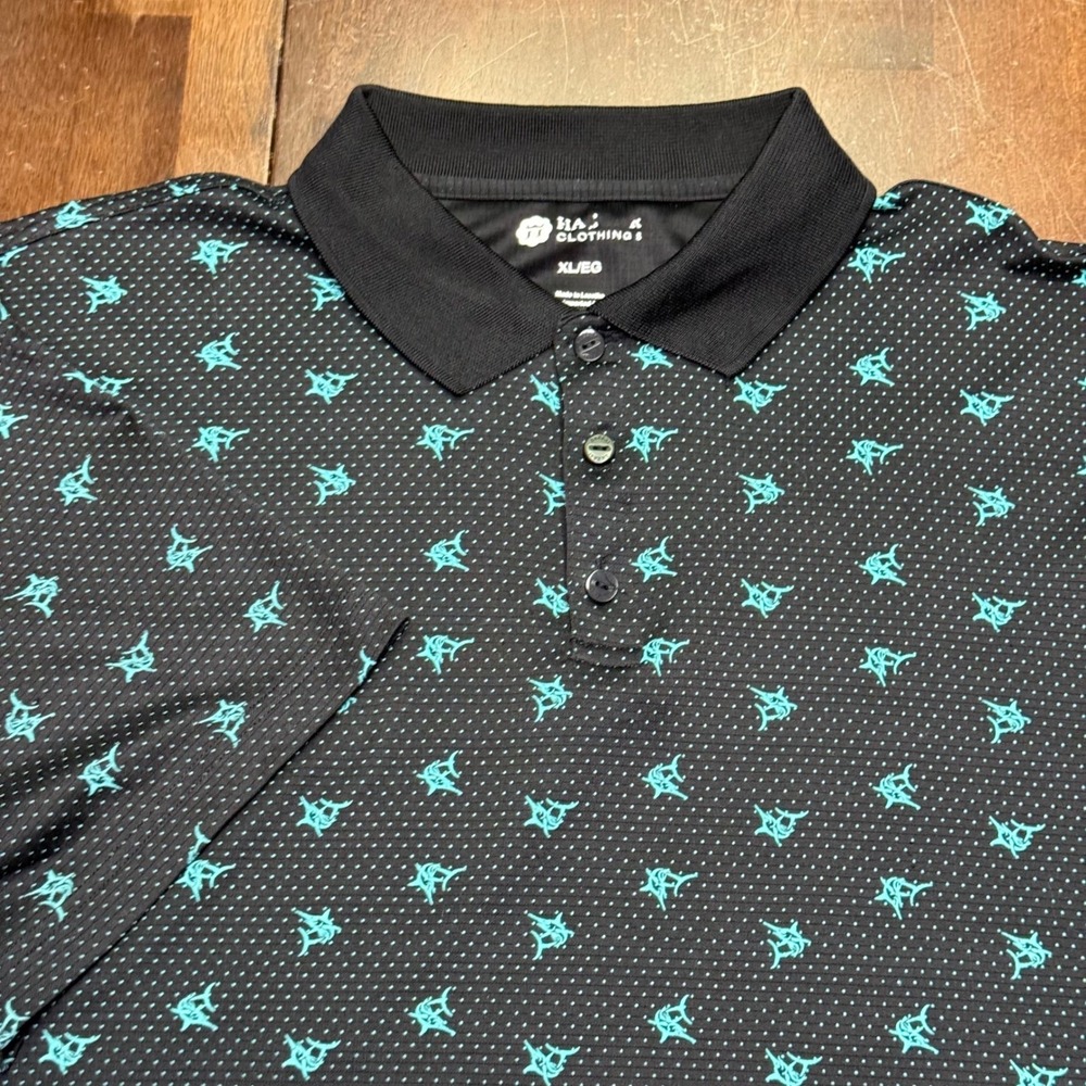 Haggar Marlin Print Polo Shirt Mens‎ XL Black Teal Performance Short Sleeve